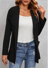 Black outerwear & coats,Plain Color outerwear & coats,Turndown Collar Black Pocket Long Sleeve Coat