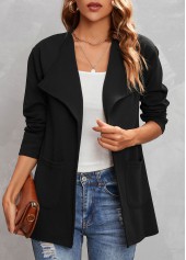 Black outerwear & coats,Plain Color outerwear & coats,Turndown Collar Black Pocket Long Sleeve Coat