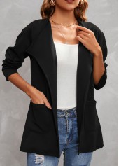 Black outerwear & coats,Plain Color outerwear & coats,Turndown Collar Black Pocket Long Sleeve Coat