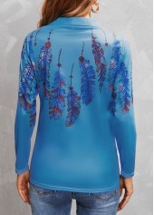 Blue tops,Tribal tops,Feathers Print Blue Turn Down Collar T Shirt