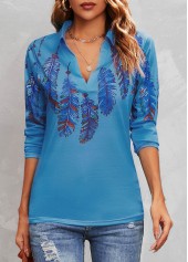 Feathers Print Blue Turn Down Collar T Shirt
