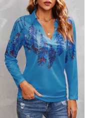 Blue tops,Tribal tops,Feathers Print Blue Turn Down Collar T Shirt