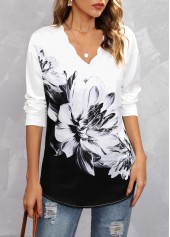 Black tops,Floral tops,Long Sleeve Black Floral Print Blouse