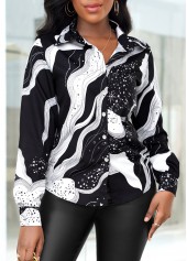 White tops,Galaxy tops,Galaxy Print White Shirt Collar Long Sleeve Blouse