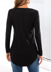 Black tops,Plain Color tops,Long Sleeve Black Lace Up T Shirt