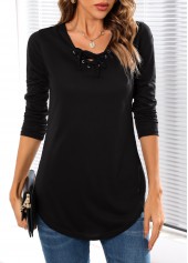Black tops,Plain Color tops,Long Sleeve Black Lace Up T Shirt