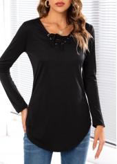 Black tops,Plain Color tops,Long Sleeve Black Lace Up T Shirt