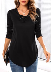 Long Sleeve Black Lace Up T Shirt