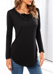 Black tops,Plain Color tops,Long Sleeve Black Lace Up T Shirt
