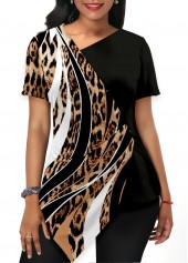 Multi Color tops,Leopard tops,ROTITA Asymmetric Hem Multi Color Leopard T Shirt