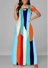 Multi Color dresses,Geometric dresses,ROTITA Short Sleeve Double Straps Multi Color Maxi Dress