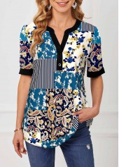 ROTITA Split Neck Paisley Print Short Sleeve Blouse