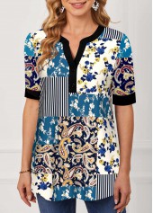 Multi Color tops,Tribal tops,ROTITA Split Neck Paisley Print Short Sleeve Blouse