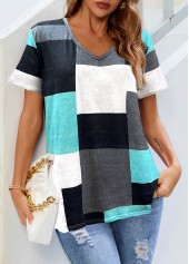 Short Sleeve Cyan Contrast V Neck T Shirt