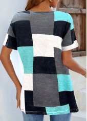 Cyan tops,Contrast Color tops,ROTITA Short Sleeve Cyan Contrast V Neck T Shirt
