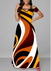 Multi Color dresses,Geometric dresses,ROTITA Double Side Pockets Strappy Cold Shoulder Dress