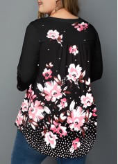 Black plus size,Floral plus size,ROTITA Floral Print Plus Size Black Split Neck Blouse