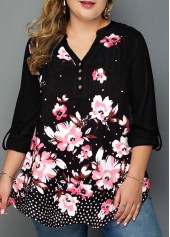 ROTITA Floral Print Plus Size Black Split Neck Blouse