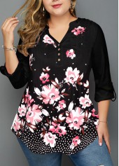 Black plus size,Floral plus size,ROTITA Floral Print Plus Size Black Split Neck Blouse