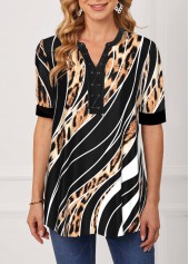 Black tops,Leopard tops,ROTITA Leopard Black Striped Lace Up Blouse