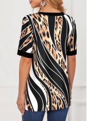 Black tops,Leopard tops,ROTITA Leopard Black Striped Lace Up Blouse