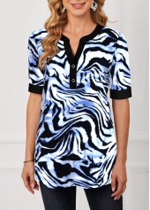 Black tops,Animal Print tops,ROTITA Black Zebra Print Split Neck Blouse