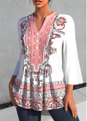 White tops,Tribal tops,ROTITA White Tribal Print Split Neck 3/4 Sleeve Blouse