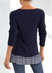 Navy tops,Striped tops,ROTITA Striped Decorative Button Layered Hem Navy T Shirt