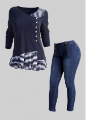 Navy tops,Striped tops,ROTITA Striped Decorative Button Layered Hem Navy T Shirt