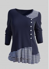 Navy tops,Striped tops,ROTITA Striped Decorative Button Layered Hem Navy T Shirt