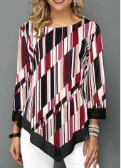 ROTITA Asymmetric Hem 3/4 Sleeve Striped Blouse