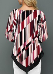 Multi Color tops,Geometric tops,ROTITA Asymmetric Hem 3/4 Sleeve Striped Blouse