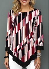 Multi Color tops,Geometric tops,ROTITA Asymmetric Hem 3/4 Sleeve Striped Blouse