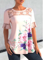 Light Pink tops,Floral tops,ROTITA Floral Print Lace Stitching Light Pink Blouse