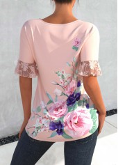 Light Pink tops,Floral tops,ROTITA Floral Print Lace Stitching Light Pink Blouse