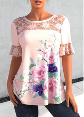 ROTITA Floral Print Lace Stitching Light Pink Blouse
