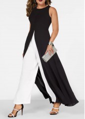 Black plus size,White plus size,Plain Color plus size,ROTITA Plus Size Patchwork Black Round Neck Sleeveless Jumpsuit
