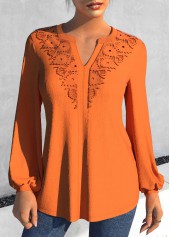 ROTITA Orange Split Neck Long Sleeve Blouse