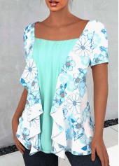 Mint Green tops,Floral tops,ROTITA Floral Print Mint Green Flounce T Shirt