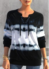 ROTITA Black Split Neck Tie Dye Print Sweatshirt
