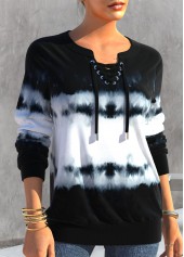 Black tops,Tie Dye tops,ROTITA Black Split Neck Tie Dye Print Sweatshirt