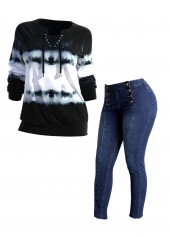 Black tops,Tie Dye tops,ROTITA Black Split Neck Tie Dye Print Sweatshirt