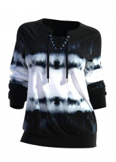 Black tops,Tie Dye tops,ROTITA Black Split Neck Tie Dye Print Sweatshirt