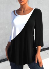 Black tops,Contrast Color tops,ROTITA Contrast 3/4 Sleeve Round Neck Black T Shirt
