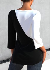 Black tops,Contrast Color tops,ROTITA Contrast 3/4 Sleeve Round Neck Black T Shirt