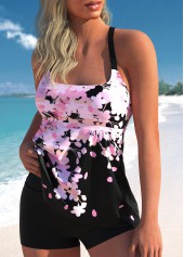 Pink swimwear,Floral swimwear,ROTITA Floral Print Wide Strap Pink Tankini Top
