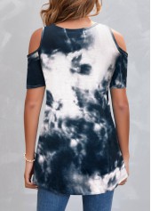 Navy tops,Tie Dye tops,Navy Tie Dye Print Cold Shoulder T Shirt