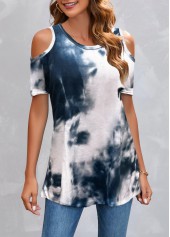Navy Tie Dye Print Cold Shoulder T Shirt