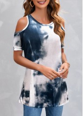 Navy tops,Tie Dye tops,Navy Tie Dye Print Cold Shoulder T Shirt