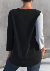 Black tops,Contrast Color tops,ROTITA Decorative Button Black Split Neck Blouse